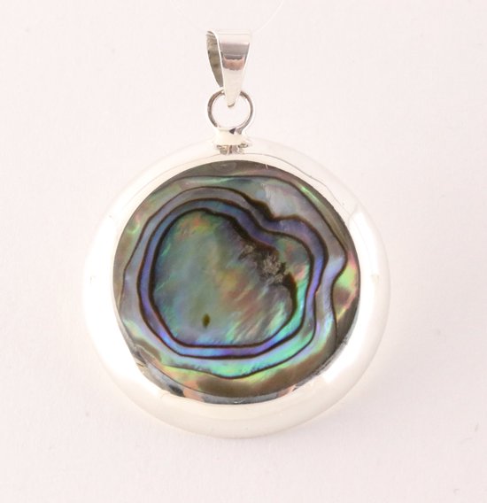 Ronde hoogglans zilveren hanger met abalone schelp afbeelding 1