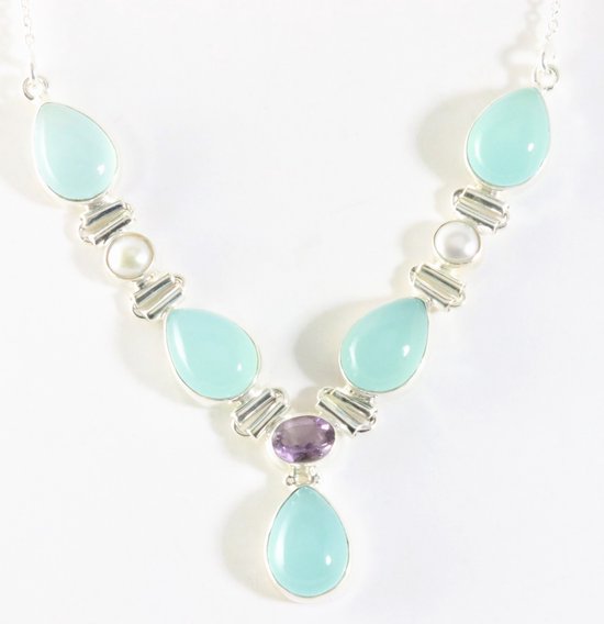 Zilveren ketting met aqua chalcedoon, amethist en parel afbeelding 1