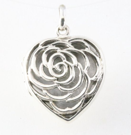Opengewerkt harvormig zilveren medaillon met roos afbeelding 1