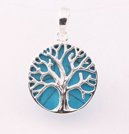 Fijne ronde zilveren hanger met levensboom op blauwe turkoois afbeelding 1