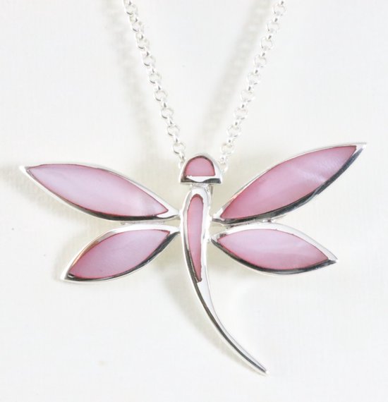Grote zilveren libelle hanger met roze parelmoer aan ketting afbeelding 1