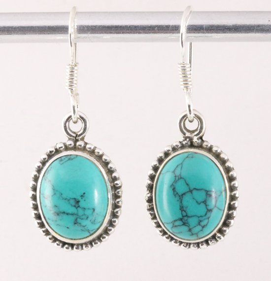 Bewerkte ovale zilveren oorbellen met turkoois afbeelding 1