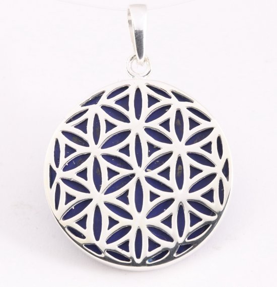 Ronde zilveren hanger met levensbloem op lapis lazuli afbeelding 1