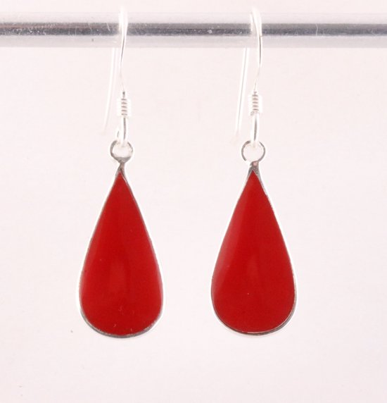 Druppelvormige zilveren oorbellen met rode koraal steen afbeelding 1