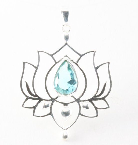 Opengewerkte zilveren lotus hanger met blauwe topaas afbeelding 1