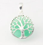 Fijne ronde zilveren hanger met levensboom op groene agaat afbeelding 1