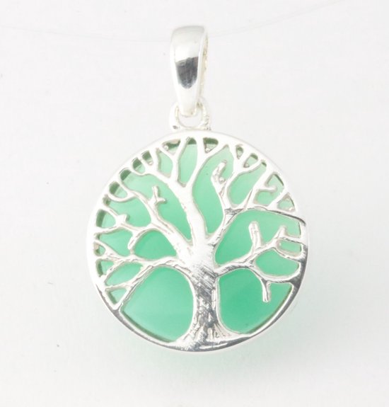 Fijne ronde zilveren hanger met levensboom op groene agaat afbeelding 1