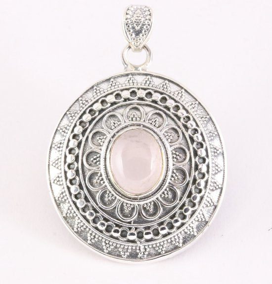 Bewerkte zilveren hanger met rozenkwarts afbeelding 1