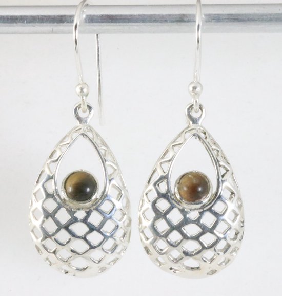 Opengewerkte zilveren oorbellen met tijgeroog afbeelding 1