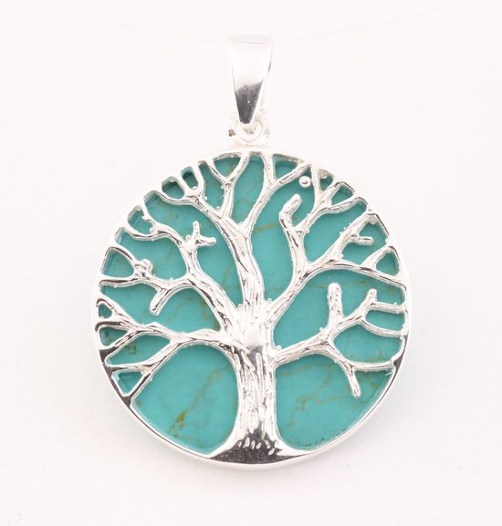 Ronde zilveren hanger met levensboom op groene turkoois afbeelding 1