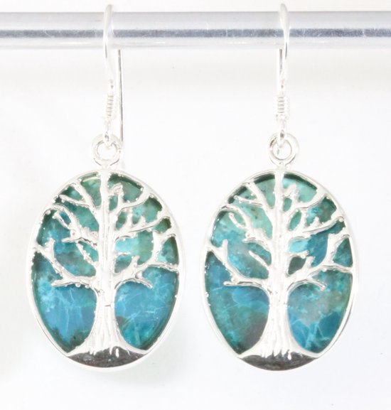 Zilveren oorbellen met levensboom op chrysocolla afbeelding 1