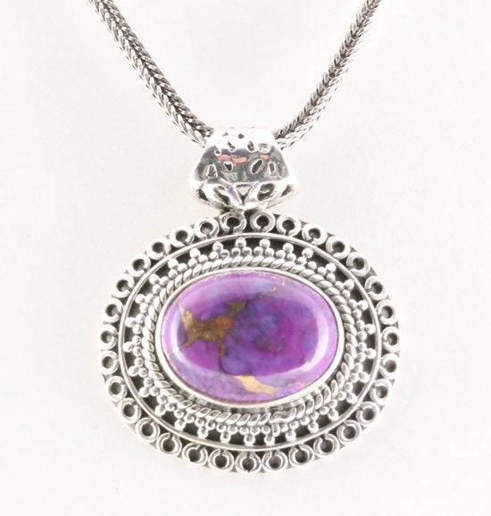 Bewerkte zilveren hanger met paarse koperturkoois aan vossenstaart ketting afbeelding 1