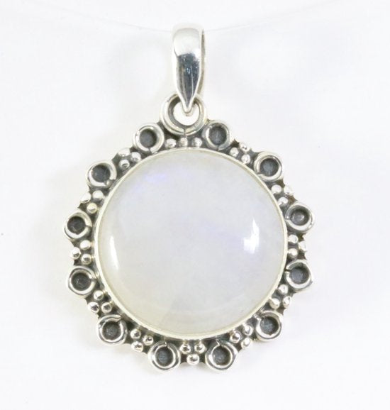 Ronde bewerkte zilveren hanger met regenboog maansteen afbeelding 1