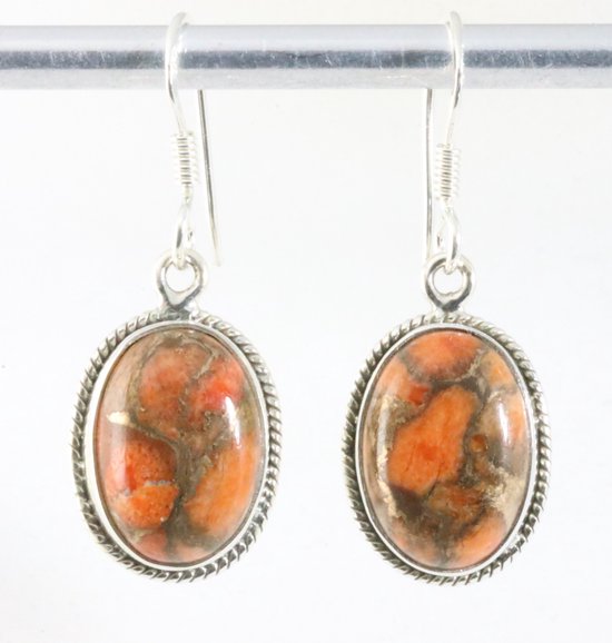 Bewerkte ovale zilveren oorbellen met rode koperturkoois afbeelding 1