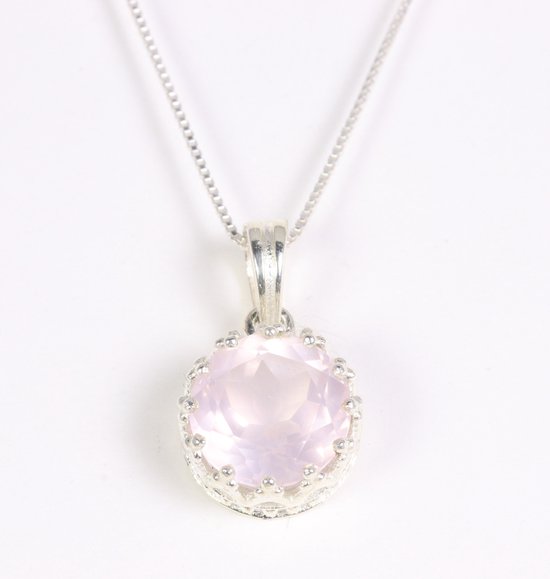 Fijne ronde zilveren hanger met rozenkwarts aan ketting afbeelding 1