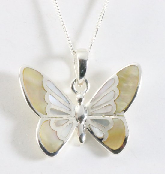 Zilveren vlinder hanger met goudkleurige schelp aan ketting afbeelding 1