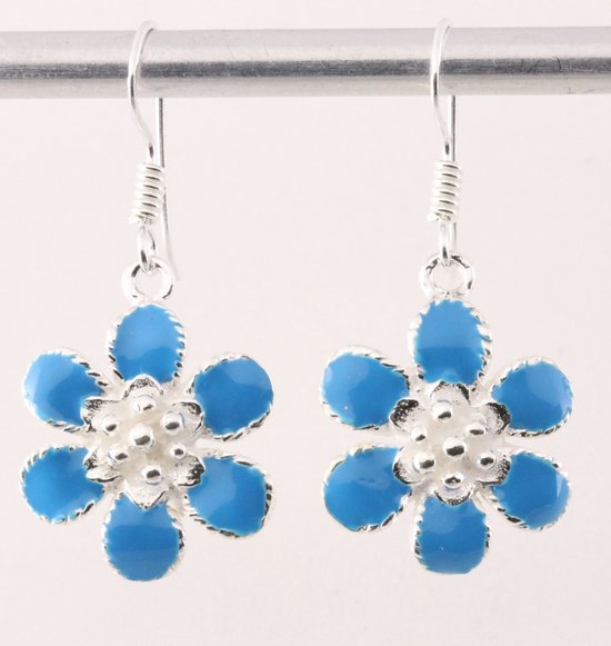 Bloemvormige zilveren oorbellen met blauwe emaille afbeelding 1