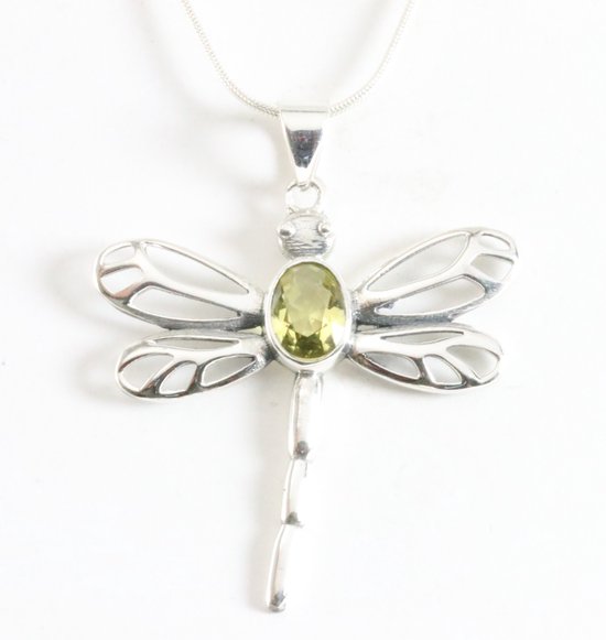 Opengewerkte zilveren libelle hanger met citrien aan ketting afbeelding 1