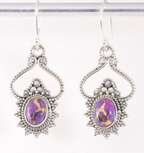 Bewerkte zilveren oorbellen met paarse koperturkoois afbeelding 1