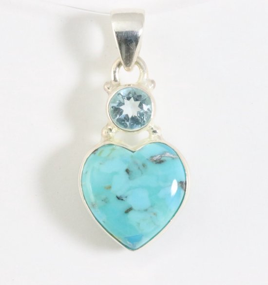 Hartvormige zilveren hanger met Arizona turkoois en blauwe topaas afbeelding 1