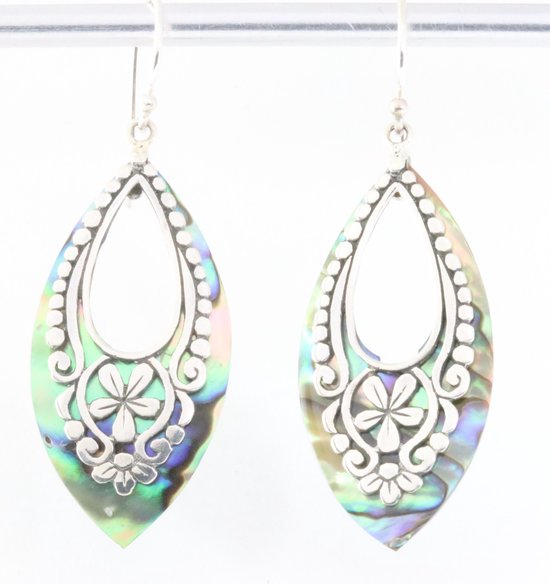 Lange bewerkte zilveren oorbellen met abalone schelp afbeelding 1