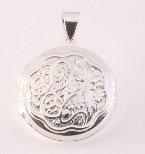Rond bewerkt zilveren medaillon met bloemgravering afbeelding 1