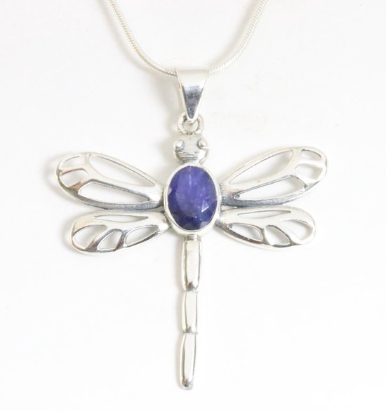 Opengewerkte zilveren libelle hanger met blauwe saffier aan ketting afbeelding 1