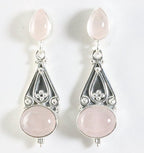 Lange bewerkte zilveren oorstekers met rozenkwarts afbeelding 1