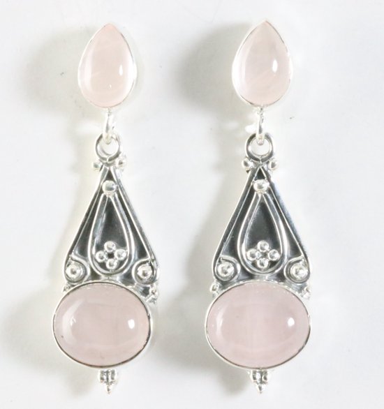 Lange bewerkte zilveren oorstekers met rozenkwarts afbeelding 1