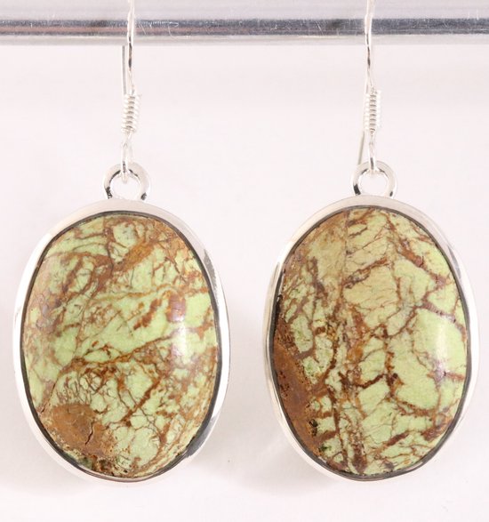 Grote ovale zilveren oorbellen met appelgroene turkoois afbeelding 1