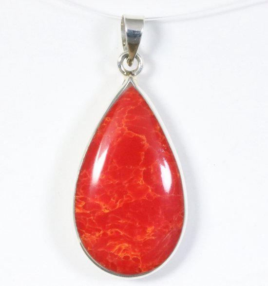 Druppelvormige zilveren hanger met rode koraal steen afbeelding 1