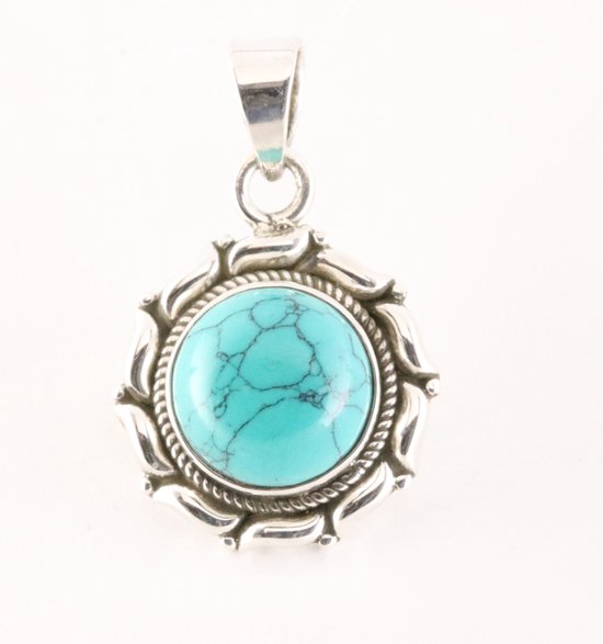 Ronde bewerkte zilveren hanger met turkoois afbeelding 1