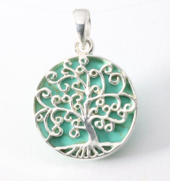 Fijne ronde zilveren hanger met levensboom op groene turkoois afbeelding 1