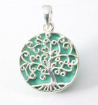 Fijne ronde zilveren hanger met levensboom op groene turkoois afbeelding 1