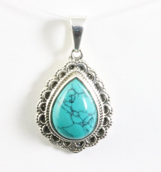 Bewerkte druppelvormige zilveren hanger met turkoois afbeelding 1