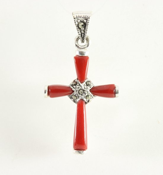 Fijne zilveren kruishanger met carneool en marcasiet afbeelding 1