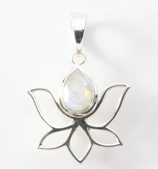 Opengewerkte zilveren lotus bloem hanger met regenboog maansteen afbeelding 1