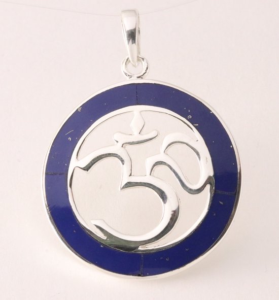 Ronde zilveren hanger met ohm teken en lapis lazuli afbeelding 1
