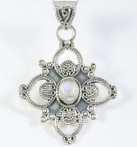 Traditionele bewerkte zilveren hanger met regenboog maansteen afbeelding 1