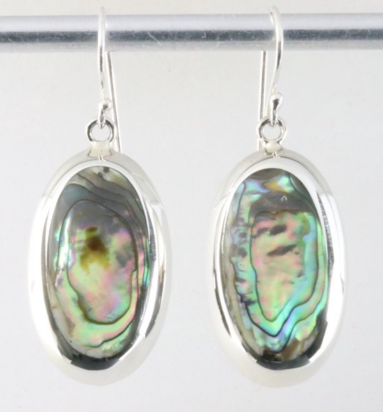 Ovale hoogglans zilveren oorbellen met abalone schelp afbeelding 1