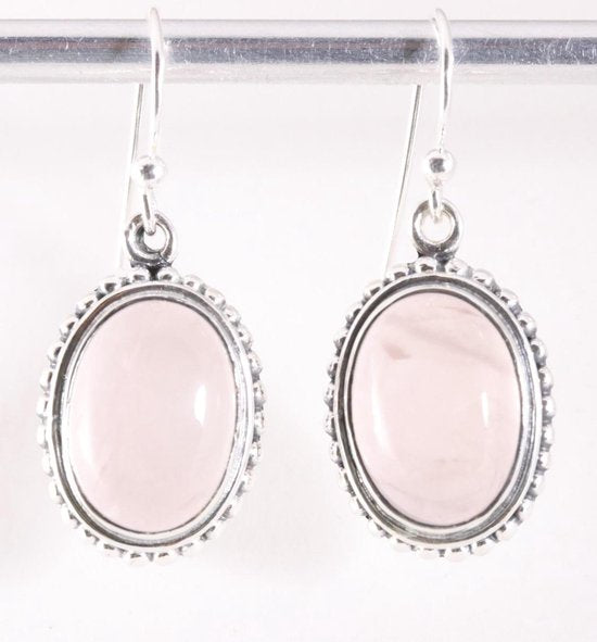Bewerkte ovale zilveren oorbellen met rozenkwarts afbeelding 1