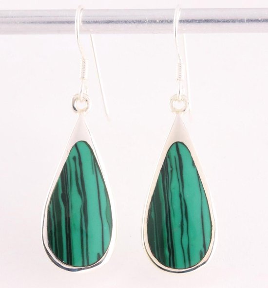 Grote druppelvormige zilveren oorbellen met malachiet afbeelding 1
