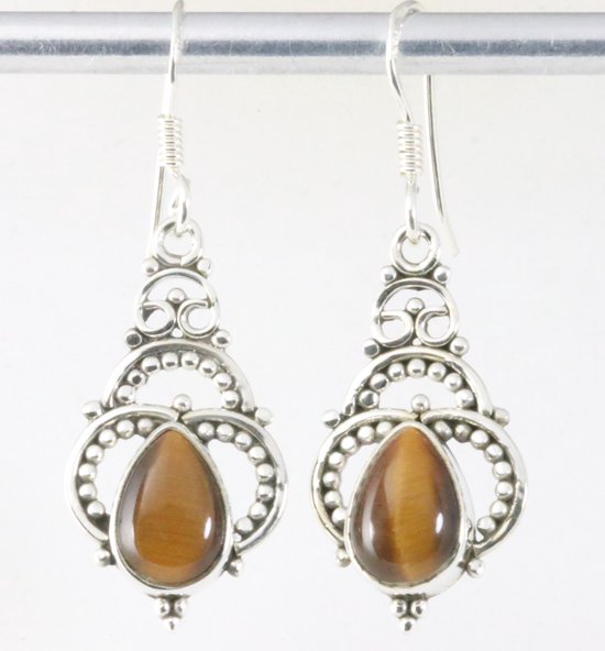 Opengewerkte zilveren oorbellen met tijgeroog afbeelding 1