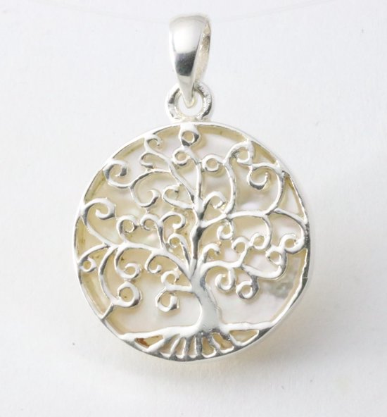 Fijne ronde zilveren hanger met levensboom op parelmoer afbeelding 1