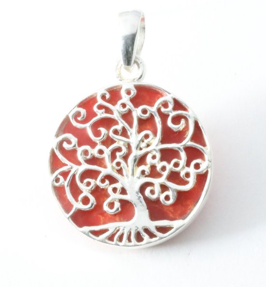 Fijne ronde zilveren hanger met levensboom op rode koraal steen afbeelding 1
