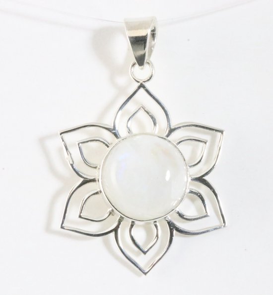 Opengewerkte bloemvormige zilveren hanger met regenboog maansteen afbeelding 1