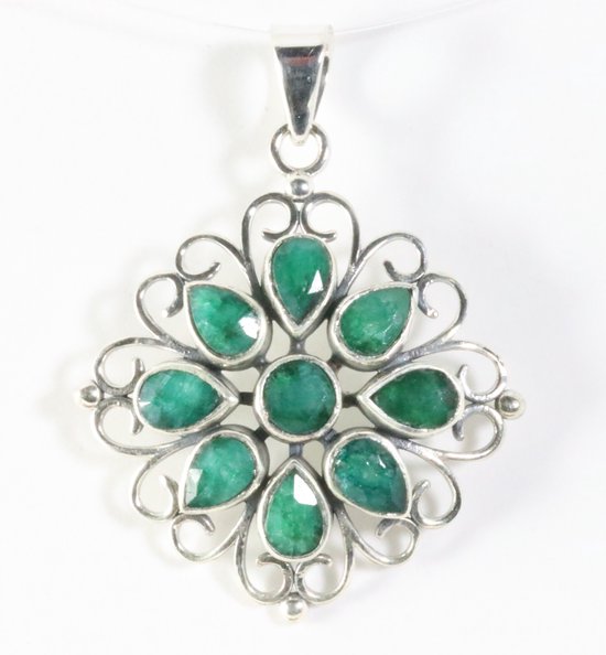 Opengewerkte zilveren hanger met smaragd afbeelding 1