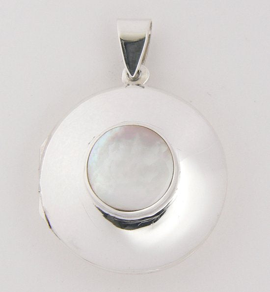 Rond hoogglans zilveren medaillon met parelmoer afbeelding 1
