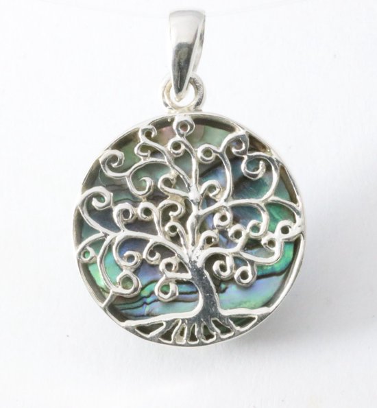 Fijne ronde zilveren hanger met levensboom op abalone schelp afbeelding 1