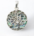 Fijne ronde zilveren hanger met levensboom op abalone schelp afbeelding 1